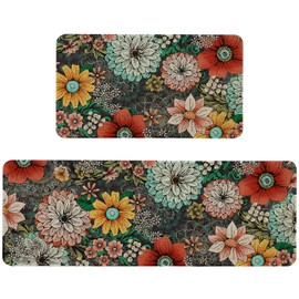 Kuyuayee Boho Floral Kitchen Mats Set of 2 Non Slip Farmhouse Boho Flowers Kitchen Rugs Bohemia Home Decor Low-Profile Washable Floor Mat 17x47 Inch and 17x29 Inch