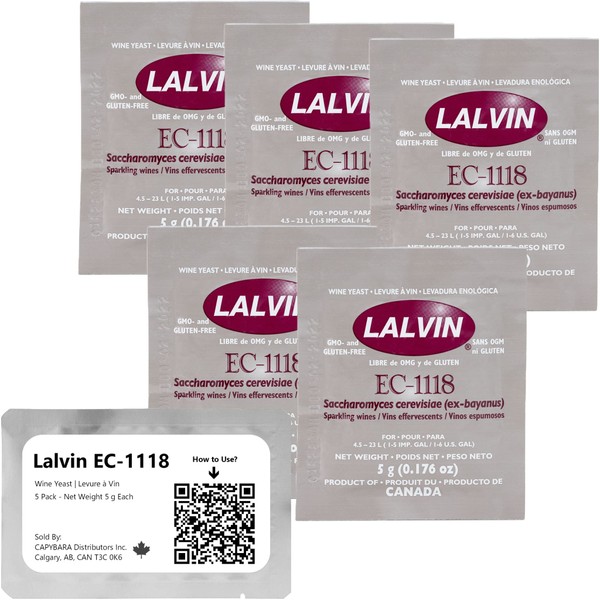 Lalvin EC-1118 Wine Yeast (5 Pack) - Champagne Yeast - Make Wine Cider Mead Kombucha At Home - 5 g Sachets - Saccharomyces cerevisiae - Sold by CAPYBARA Distributors Inc.