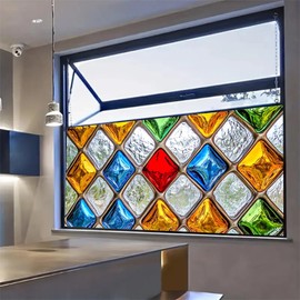 HOMETITUTE Stained Glass Window Privacy Films 39.3x17.7 Inch Decorative Window Films for Glass Static Cling Colorful Diamond Mosaic Window Tint Stickers for Home Kitchen Bathroom Entry