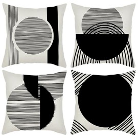 IcosaMro Boho Pillow Covers 18x18 Set of 4, Mid Century Black and White Modern Geometric Cotton Linen Throw Pillow Case Decorative Cushion Cover with Zipper for Outdoor Indoor, Black Stripe