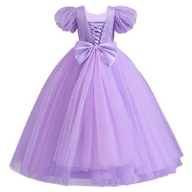 IDOPIP Flower Girl Sequin Lace-up Bowknot Dress for Kids Wedding Bridesmaid Pageant Party Formal Long Maxi Gown Big Little Princess First Communion Birthday Prom Puffy Tulle Dresses Purple 11-12 Years