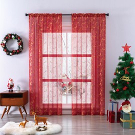 ABREEZE Christmas Decor Curtain 2panels Semi-Shading Rod Pocket Curtain Red Curtain with Christmas Tree Pattern Curtains for Living Room Bedroom42”x96”