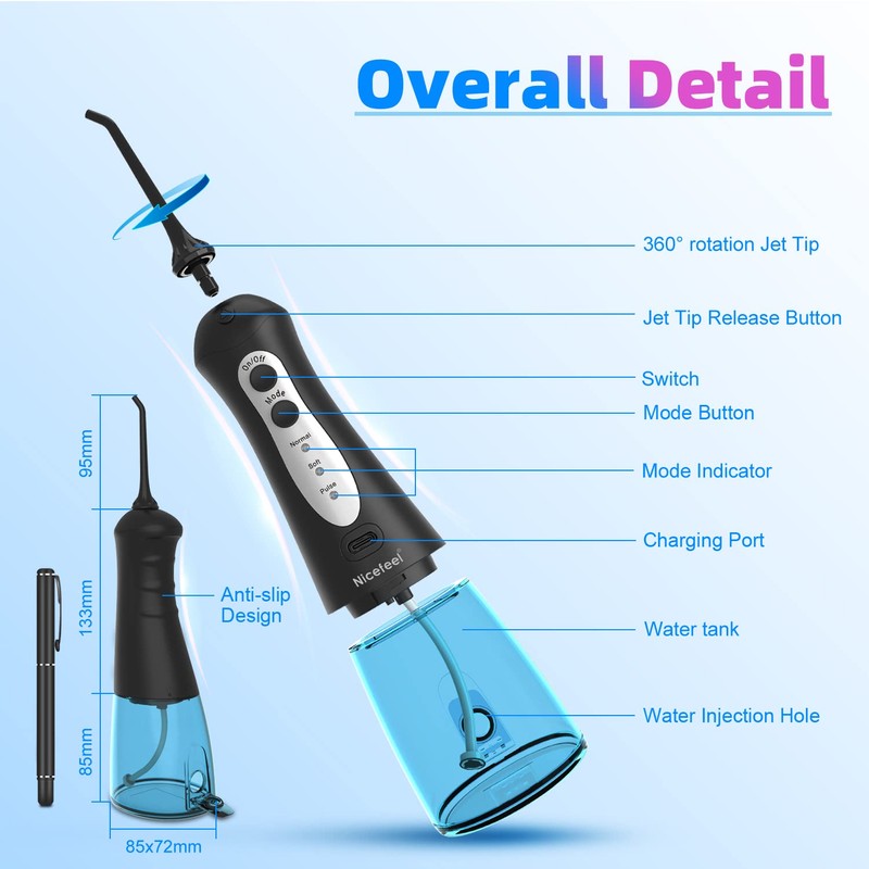 Cordless Water Flosser Teeth Cleaner, Nicefeel 300ML 2 Tip Cases