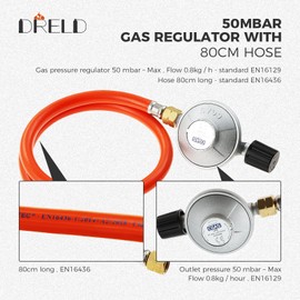 DRELD Gas Hose Pressure Regulator Set 50 mbar Gas Hose 80 cm Regulator Set with Screw Connection 1/4 Inch Left x 7/16 Inch Gas Connection Set for Heater Stove Gas Stove Gas Stove