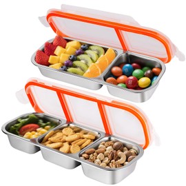 2 Pack Stainless Steel Snackle Container For Adults, Reusable Bento Lunch Box Snack Containers, 2-3 Compartment Divided Food For Home Work Travel