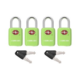 Sure Lock TSA Approved Luggage Locks Mini Size Lock with Keys for Travel, Zinc Alloy Body with Steel Shackle, Key Alike, 4 Locks with Same Key(Green 4 Locks)