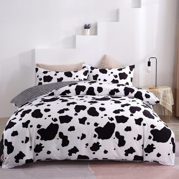 Mengersi Cow Print Duvet Cover Sets Cartoon Reversible Comforter Cover Black and White Bedding with Zipper for Kids Boys Girls Queen Size