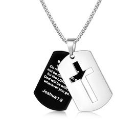 Fiusem Dog Tag Cross Necklace for Men, Bible Verse Cross Pendant with 24 Inch Box Chain(Joshua 1:9)