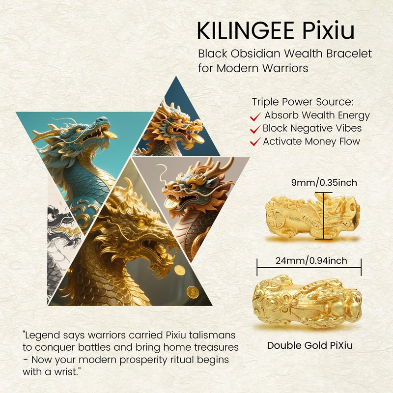 KINLNGEE Dual 24K Gold-Plated Pixiu Black Obsidian Feng Shui Bracelet,10mm