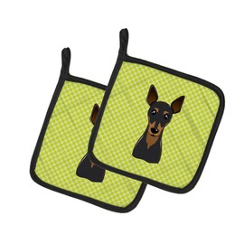 Caroline's Treasures BB1302PTHD Checkerboard Lime Green Min Pin Pair of Pot Holders Kitchen Heat Resistant Pot Holders Sets Oven Hot Pads for Cooking Baking BBQ, 7 1/2 x 7 1/2