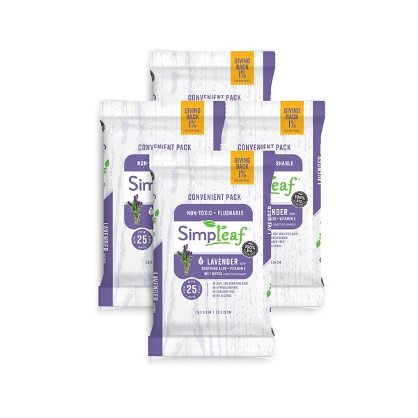 Simpleaf Flushable Wet Wipes Lavender Scent - Eco- Friendly, Paraben & Alcohol Free - Hypoallergenic & Safe for Sensitive Skin - Soothing Aloe Vera Formula with Lavender Scent (4 x 25 Count) Pack