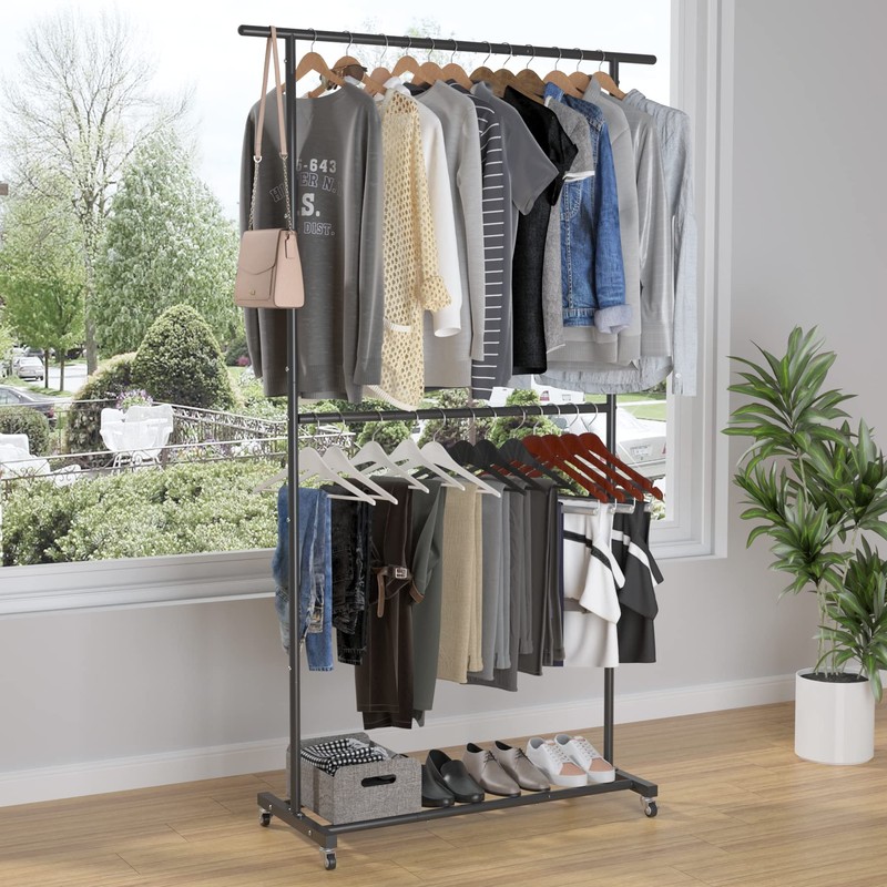 Sywhitta Double Rod Clothing Garment Rack, Rolling Clothes Organizer on