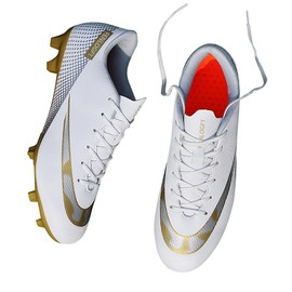 Fenlogft Unisex Sizes Leather Soccer Cleats with Lace-Up for Training Firm Ground & Turf - Men, Women, Boys & Girls American Football Shoes Boot (White Gold, Numeric_7)