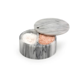 RSVP International Dual Compartment Box | Chic & Modern Herb Container | 10 Ounces Total | Swivel Top Protects Salts | Beautiful, Solid Marble, 5", White