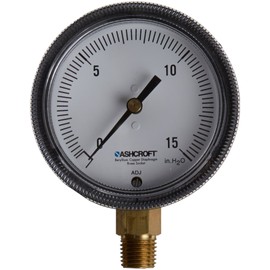 Ashcroft Type 1490 Glass Filled Polysulfone Low Pressure Diaphragm Gauge, Beryllium Copper, Brass, Polysulfone and RTV Silicone Wetted Material, Brass Socket and Movement, Compatible with Air and Non-Corrosive Liquids, Lower Mount, 2-1/2" Dial Size, 1/4"