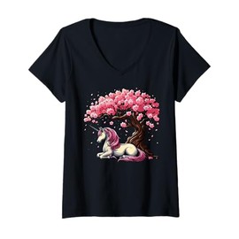 Womens Japanese Unicorn Cherry Blossom Sakura Kawaii Art V-Neck T-Shirt