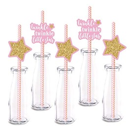 Pink Little Star Straw Decor, 24-Pack Girl Baby Shower Or Birthday Party Decorations, Paper Decorative Straws