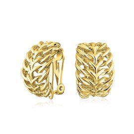 Fashion Open Weave Cable Leaf Feather Wide Half Hoop Clip On Earrings For Women Non Pierced Ears 14K Gold Plated Brass