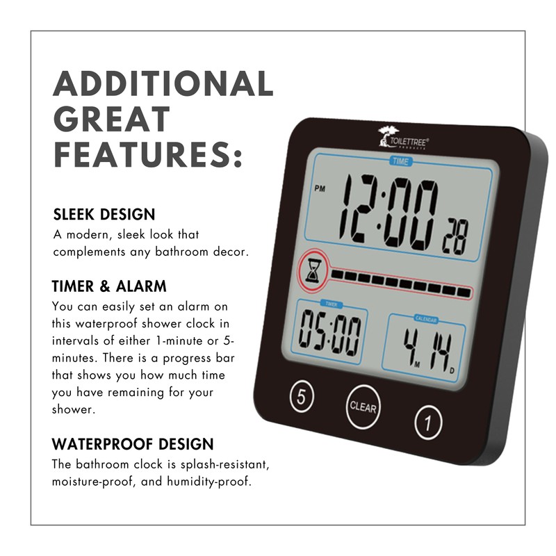 ToiletTree Products Digital Bathroom Shower Clock with Alarm & Large