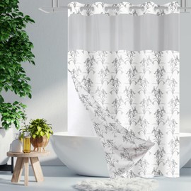 CTOTSYC No Hook Shower Curtain with Snap in Liner Sets, Black Boho Floral Iris Flower Design, Waterproof Washable Fabric Curtain with See Through Mesh Top Window for Bathroom Decor 71x74 Inch