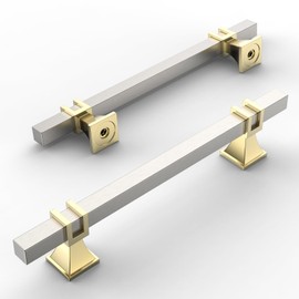 Amerdeco 10 Pack Brushed Satin Nickel and Gold Cabinet Pulls 5 Inch(128mm) Hole Center Drawer Pulls Cabinet Hardware Kitchen Cabinet Handles for Bathroom Dresser Pulls ZH0067