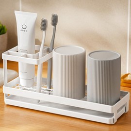 Toothbrush Holders for Bathrooms with Drainage, 4 Slots Tooth Brushing Organizer for Bathroom Countertop, Electric Toothbrush and Toothpaste Holder, Tooth Brush Organization White (Rustproof)