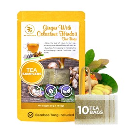 Pure Ginger Tea Samplers with Celastrus Hindsii - 15 Count, Mini Tea Bags, Bamboo Tong Included, Re-Steep Herbal Tea Blend, Corn Based Bags, No Sugar Added, Natural Ginger