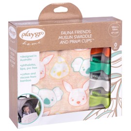 Playgro Fauna Friends Muslin Swaddle Blanket Gift Pack with 4 Pram Clips - Stylish On-The-Go Naps & Thoughtful Gift for Baby - Featuring Receiving Blanket for Boys & Girls and Muslin Blanket Baby