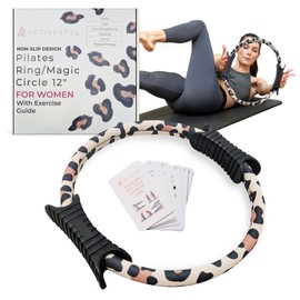 Activery Co. 12” Pilates Fitness Ring for Women – Non-Slip Magic Circle with Dual-Sided TPR Handles, Neoprene-Wrapped, Compact & Travel-Friendly Tool with Exercise Guide - Leopard Print