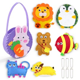 Oerphh 7PCS Learn Sewing Kit, Cute Animal Felt Sewing Kit for Kids with Handbag Rabbit Lion Bear Fish Penguin, Fun Sewing DIY Craft Ornaments Toys for Beginner Children Kids Girls