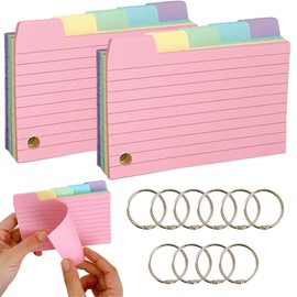 Belegao Tabbed Flash Cards 100PCS - 210gsm Thick Ruled Revision Cards 12.7x7.6cm/5 x 3inch Index Cards with Metal Ring Binders Lined Note Cards for School, Home, Office, Study (5 Coloured)