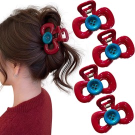 Hair Claw Clips for Women, 4 Pack Red Bowknot Design with Blue Button, Strong Hold for Thin Thick Curly Hair