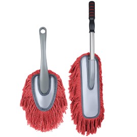 IPELY 2 Pack Large Car Duster Exterior Scratch Free with Extendable Handle and Car Duster Interior, Wax Cotton Hair Dusters (Red)