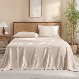 King Size Sheets Set, 100% Viscose from Bamboo Cooling Sheets, 300 Thread Count Sateen Weave, Luxury Silky Soft 16" Deep Pocket Sheets, Beige