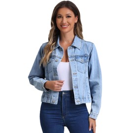 Allegra K 2025 Spring Denim Jacket for Women Vintage Casual Classic Jean Jackets Medium Light Blue