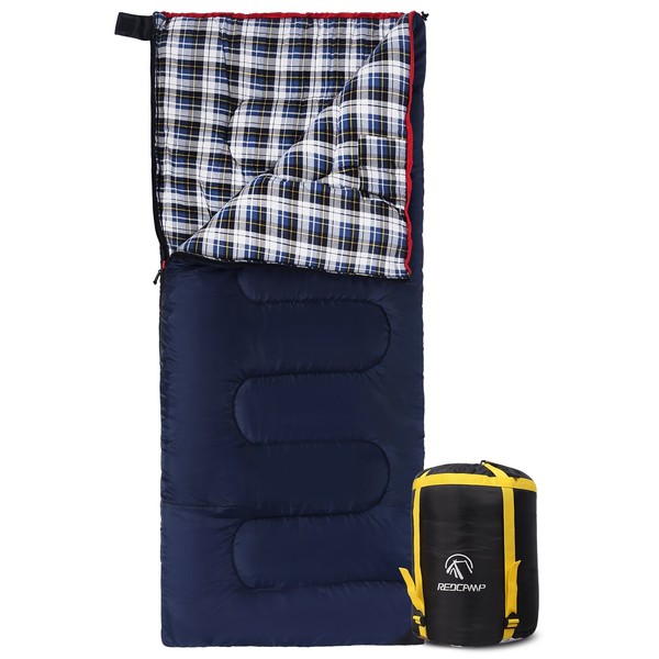 REDCAMP Cotton Flannel Sleeping Bag for Camping, 41F/5C Cold Weather Warm and Comfortable, Envelope Blue 4lbs(75"x33")
