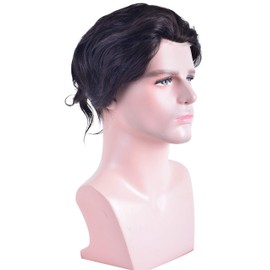 Human hair LLWear Toupee For Men with 7x9 inch Soft French Lace with 1.5" Clearly PU 360-degree, Natural Wave Men's Hairpiece Replacement System Off Black Color(#1b)