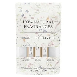 100BON 100% Natural Fragrances Vegan Cruelty Free Refillable Cologne Sprays Set, 3 x 0.5 fl oz - Raspberry & Almond, Citrus & Wood, Fresh Tea & Ginger