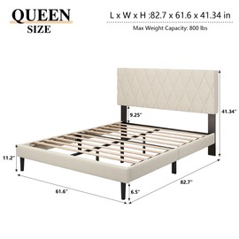 CXVX Queen Size Bed Frame with Diamond Tufted Headboard, Velvet Upholstered Platform Bed and Wooden Slat Support, Noise-Free, No Box Spring Needed, Easy Assembly, Beige