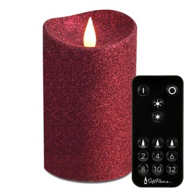 Softflame Real Wax Flameless LED Candles with Remote Control, 3"x 5"Flickering 3D Moving Flame Battery Operated Candles for Indoor Use, Home Decor Glitter Red