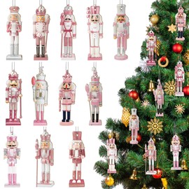 48 Pcs Christmas Nutcracker Ornaments Christmas King and Soldier Ornaments Pink Figures Hanging Christmas Ornaments Mini Wooden for Xmas Tree Ornament Set