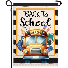 Back to School Garden Flags for Outside 12x18 Double Sided School Bus Black Stripes School First Day Small Garden Flags for Lawn Yard Indoor Outdoor Party Garden Decor