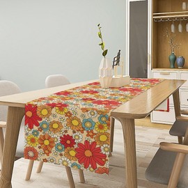 Hippie Floral Table Runner Groovy 1970s Vintage Colorful Rural Flower Retro Floral Printed Table Runner for Living Room Kitchen Dining Table Decoration 13x90in