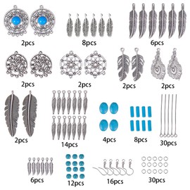 SUNNYCLUE 1 Box DIY 8 Pairs Feather Dangle Earrings Making Starter Kit Tibetan Style Chandelier Connectors Charms with Turquoise Beads Supplies for Women Beginners Earring Jewellery Making Crafts