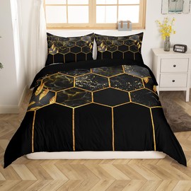 Marble Duvet Cover Full, Black Grey Geometric Gold Plaid Bedding Set, Modern Luxury Diamond Comforter Cover with Metallic Stripe Printed Beehive Hexagon Grid Quilt Cover with Pillow Shams,Honeycomb