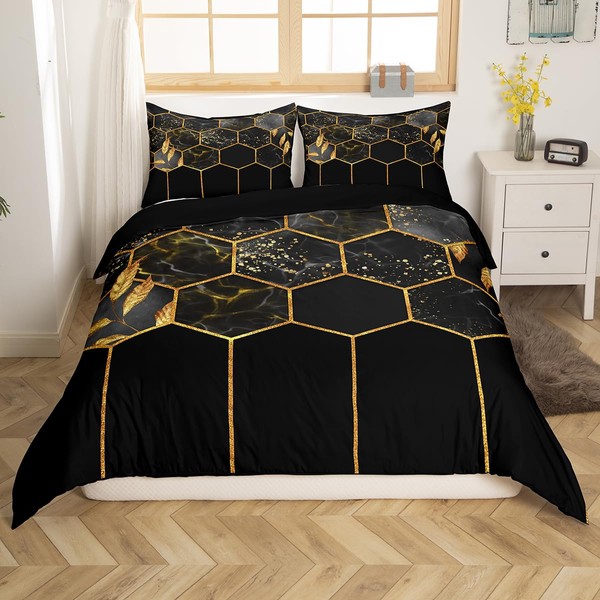 Marble Duvet Cover Full, Black Grey Geometric Gold Plaid Bedding