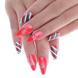 Vhxmaizxn Christmas Press on Fake Nails Full Cover Acrylic Nail Artificial French Tip Snowflake Red Green Stripe Glitter Design for Women Girl Glue Winter Holiday Manicure 24 Pcs