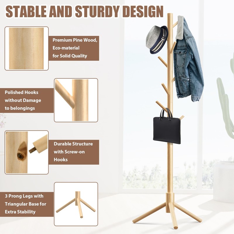 Haddockway Wooden Coat Rack Stand with 8 Hooks New Zealand
