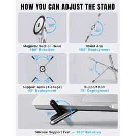 4-in-1 Foldable Laptop Stand & Magnetic Phone Holder, Silver Aerospace Aluminum Portable Desk Mount with N52 MagSafe Compatible Tripod Handle for MacBook