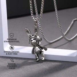 COTOFIHILO Astronaut Bunny Pendant Necklace for Girl, Stainless Steel Space Rabbit Necklace with Colorful Crystal, Stylish Jewelry Gift for Birthday, Valentine’s Day (Astronaut Bunny, Stream silver)